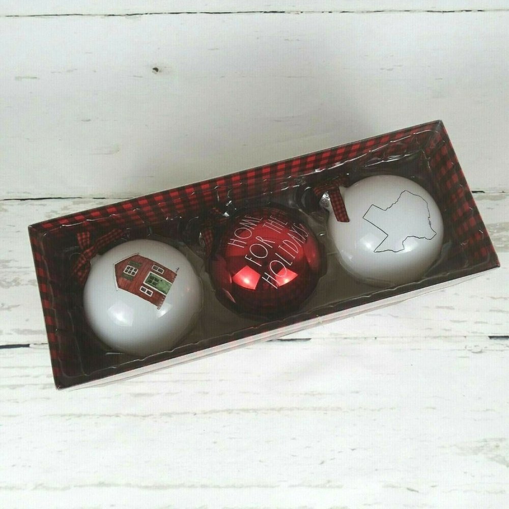 New Rae Dunn 3 Glass Christmas Ornaments Texas Farmhouse Home Holidays Gift Set